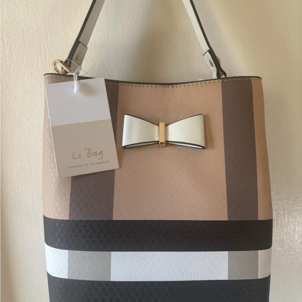Le Bag Striped Shoulder Bag Beige Brown Black White Bow Accent Women